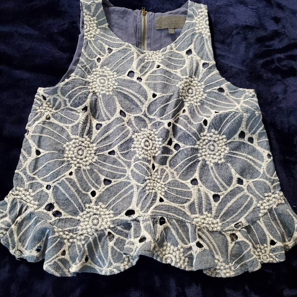 Anthropologie embroidered indigo crop top